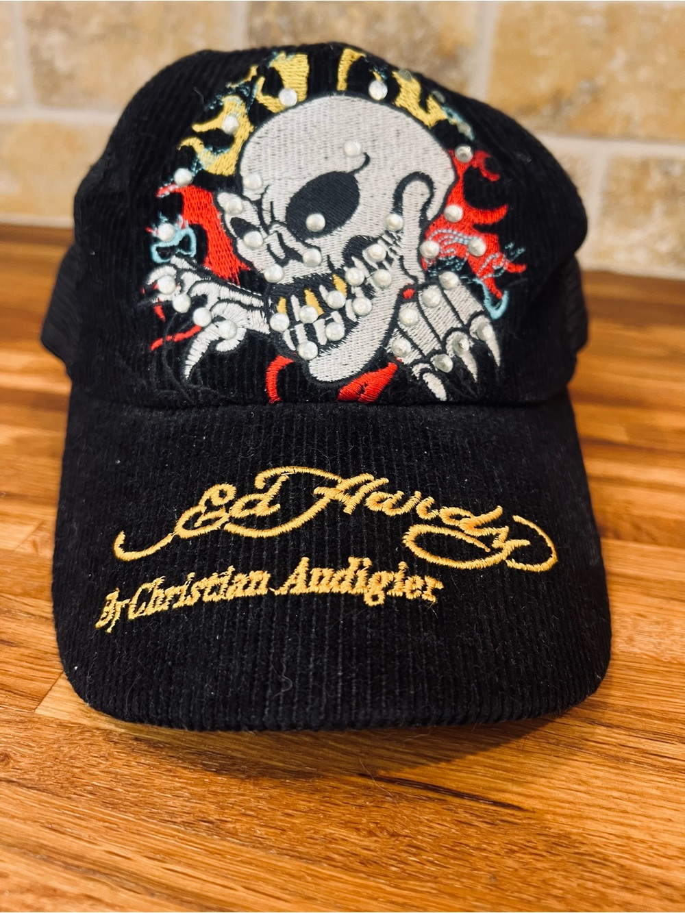 2005 Vintage Ed Hardy Skull Embroidered Black Corduroy Hat - Gold Script